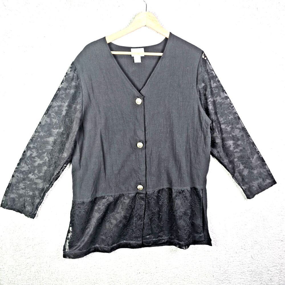 Delta Burke Womens Tunic Blouse 1X Black Lace Button Front Workwear USA